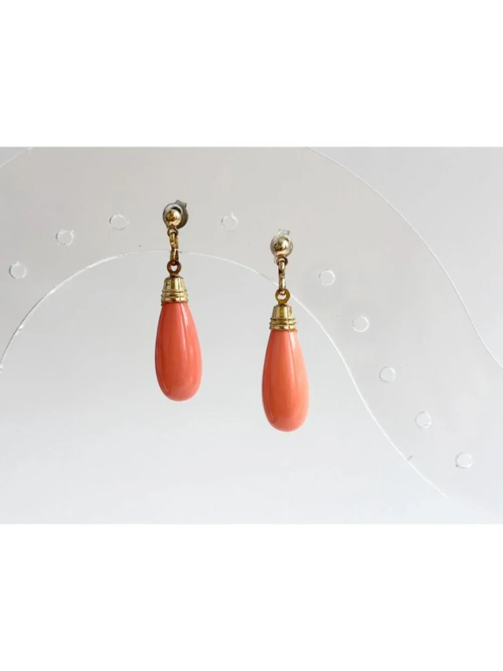 Art Deco Style Faux Coral Gold T Teardrop Vintage Sterling Silver 925 Earrings